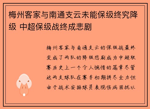 梅州客家与南通支云未能保级终究降级 中超保级战终成悲剧